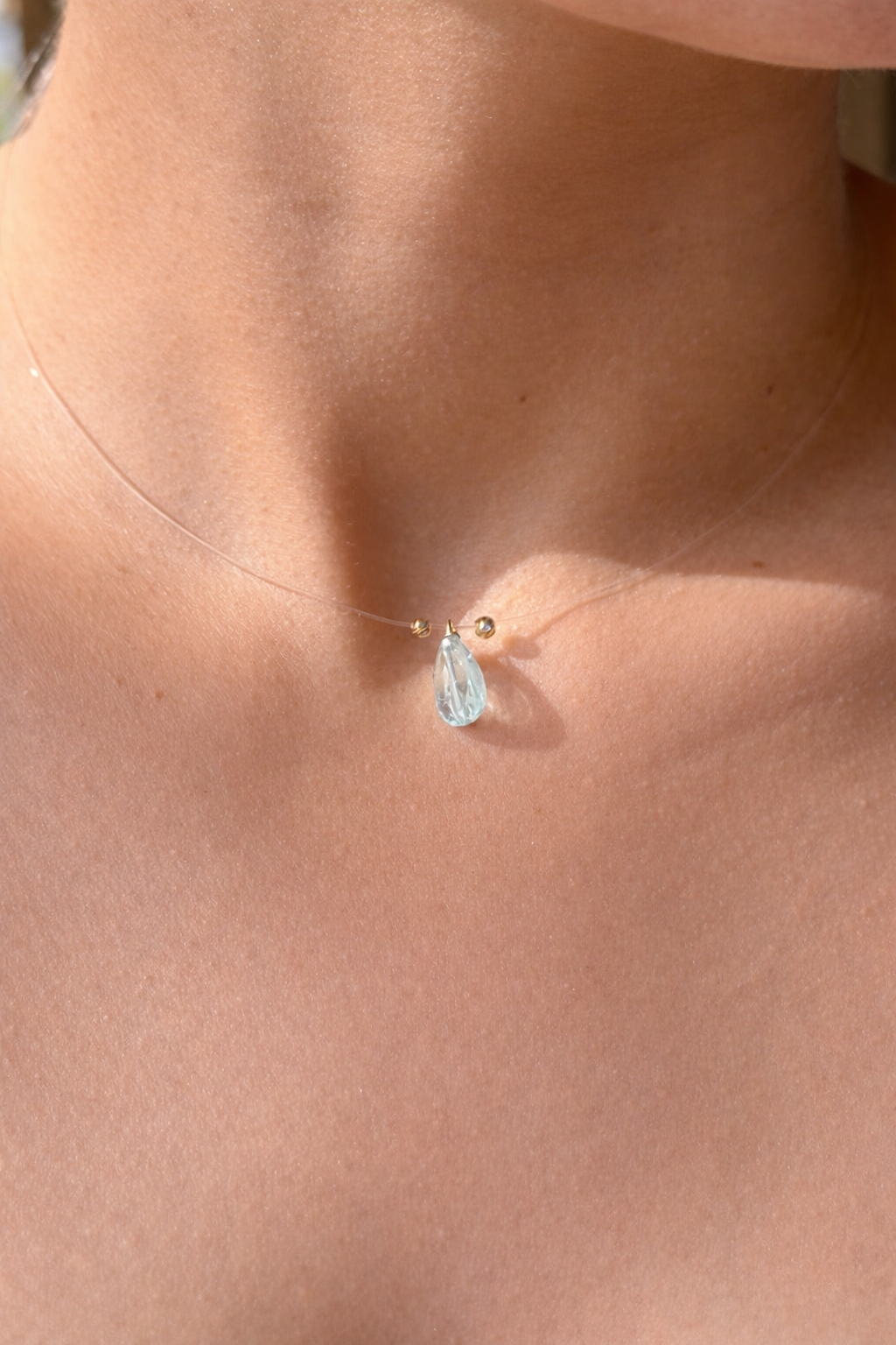 March Birthstone Aquamarine Necklace – 18K Gold Invisible Pendant