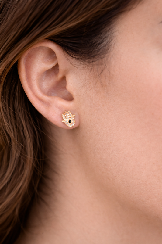 Hamsa Hand Stud with White Zircons & Black Center – 18K Gold