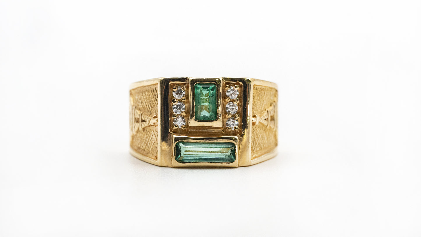Men's Eiffel Tower Paris Ring with Emeralds in 18K Gold