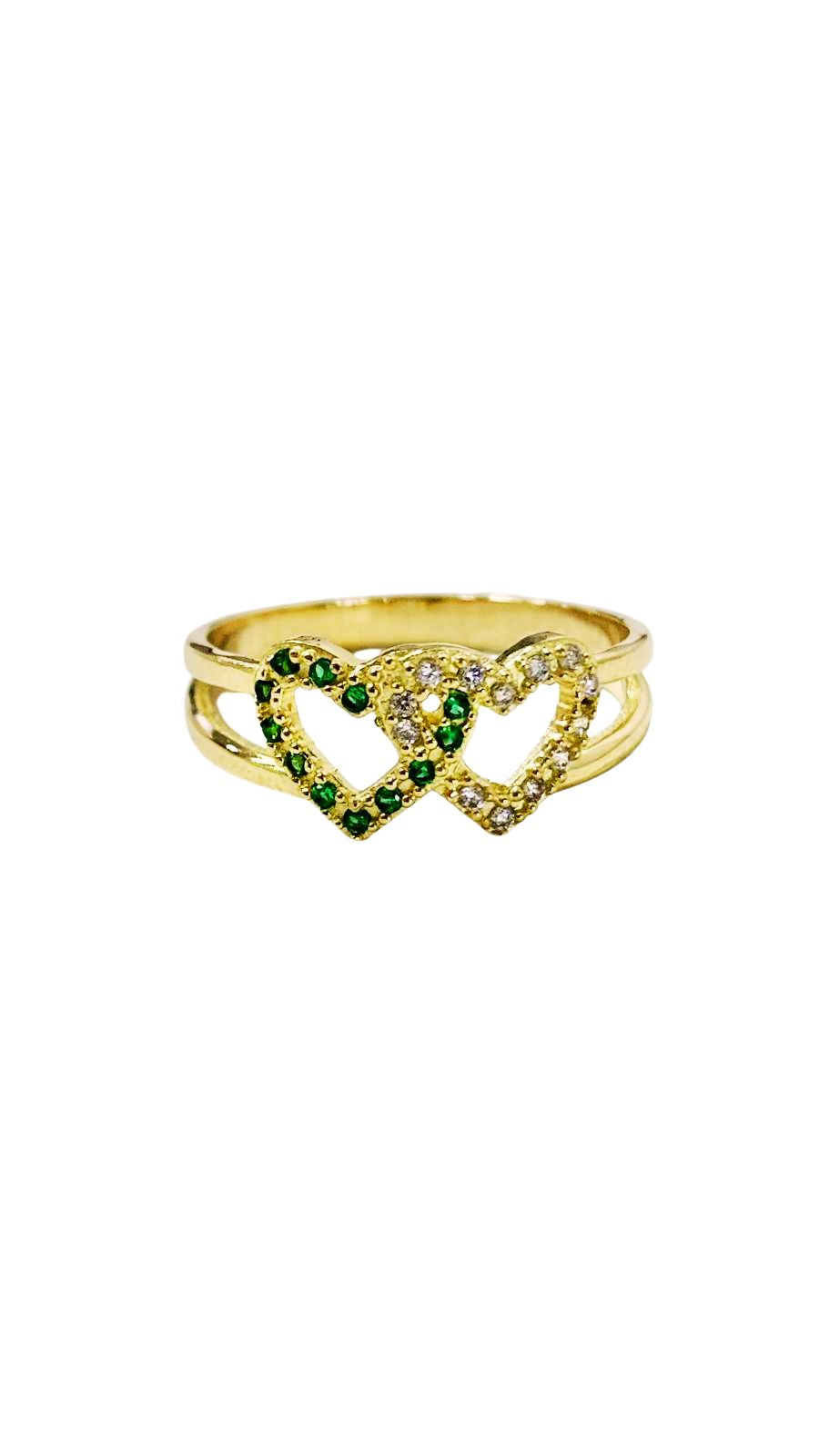 Double Heart Ring in 18K Gold with Green and White Zircons