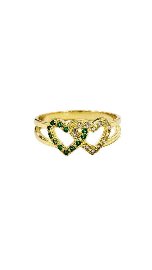 Double Heart Ring in 18K Gold with Green and White Zircons